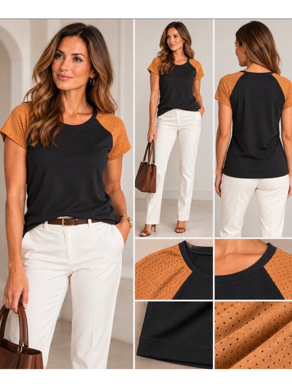 Lauren Ralph Lauren Petite Top Women’s PL Black Brown Faux Suede Mixed Shirt